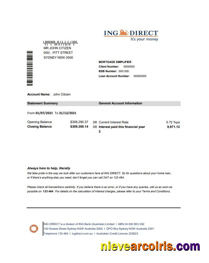 Australia ING Direct bank statement easy to fill in Excel and PDF format